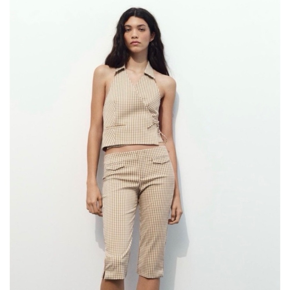 Zara Gingham Capri Pants Cropped Checkered Trousers